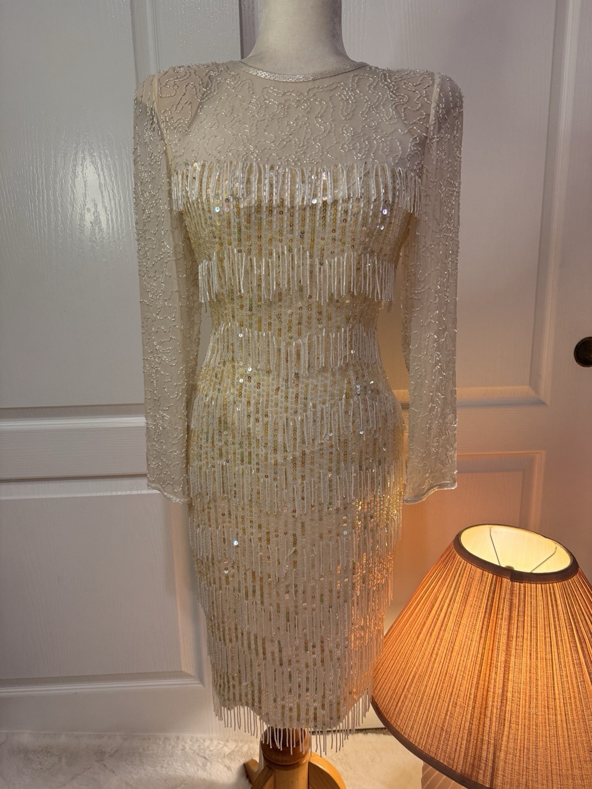 VTG A.J. Bari Beaded Fringe Sequin Silk Dress Size 6 Cream White Flapper Glam