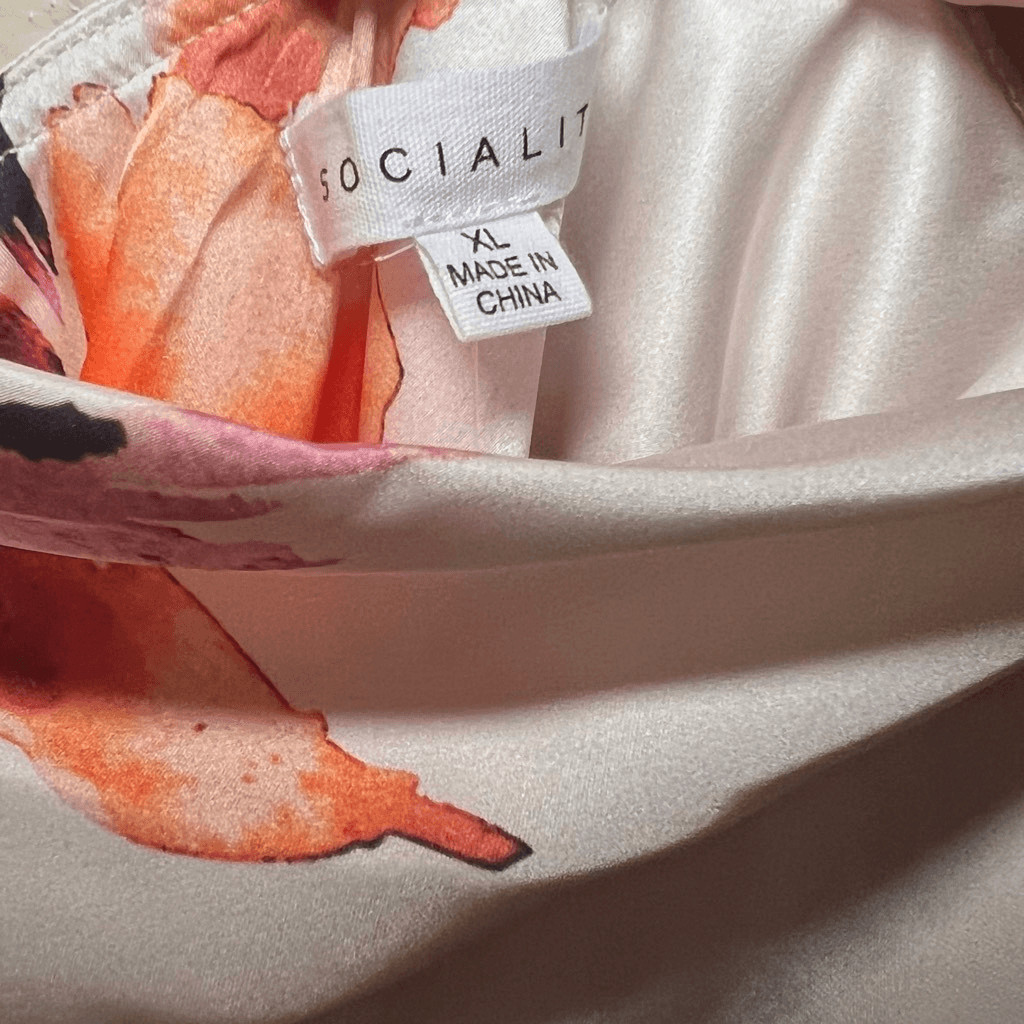 NWT Socialite Satin White Orange Floral Print Cowl Neck Midi Slip Dress XL