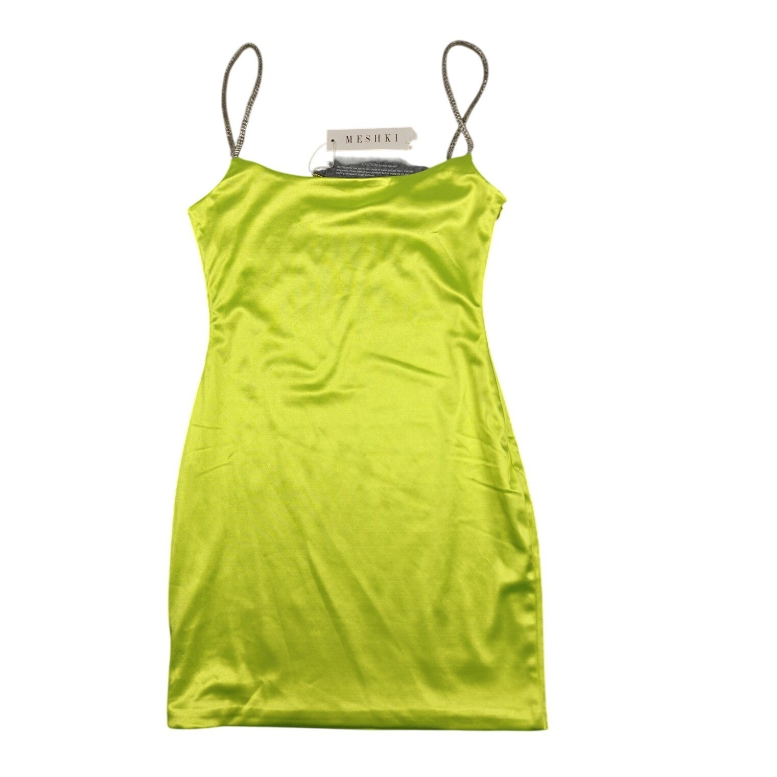Meshki Dress Womens Medium Neon Yellow Ruby Diamante Strap Mini Bodycon Satin