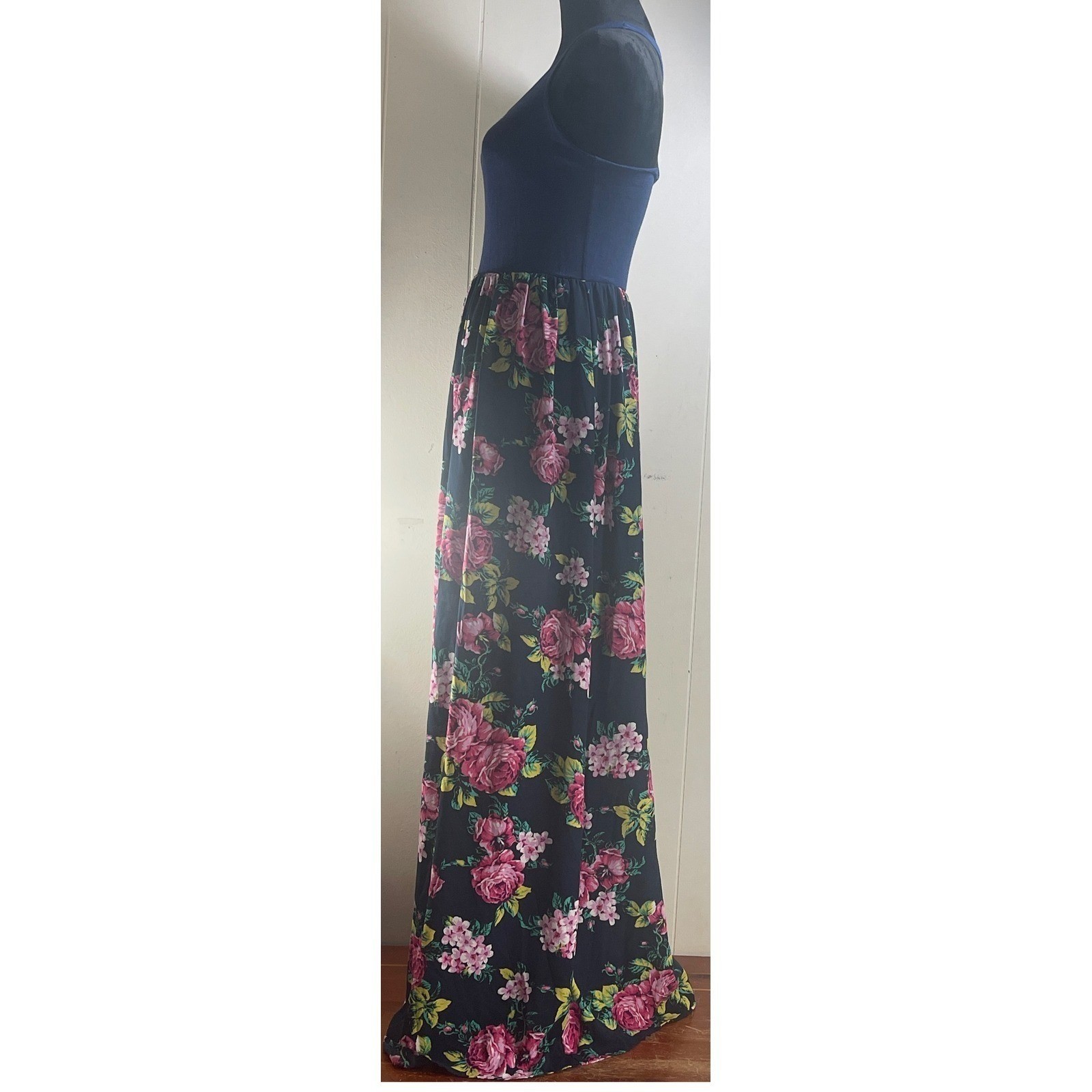 Navy Blue Floral Maxi Dress Sleeveless Casual Spring Summer Sun Dress romantic
