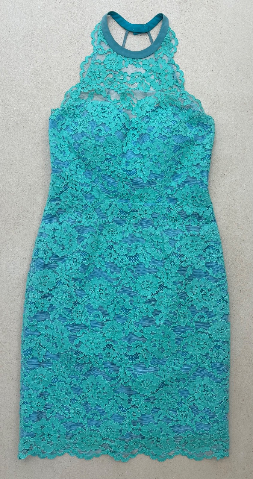 Nicole Miller floral lace halter cocktail dress, turquoise green, USA 2, VGC
