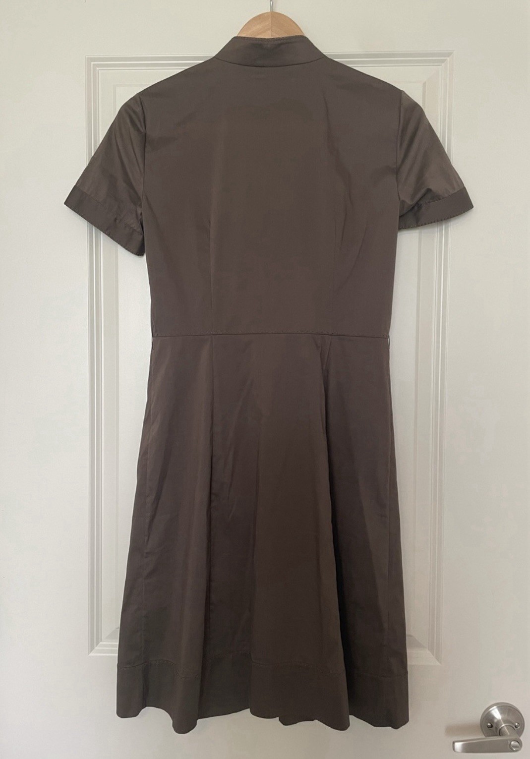 Saks Fifth Avenue Brown Solid Ruffle Button Front Shirt Dress Pockets 6