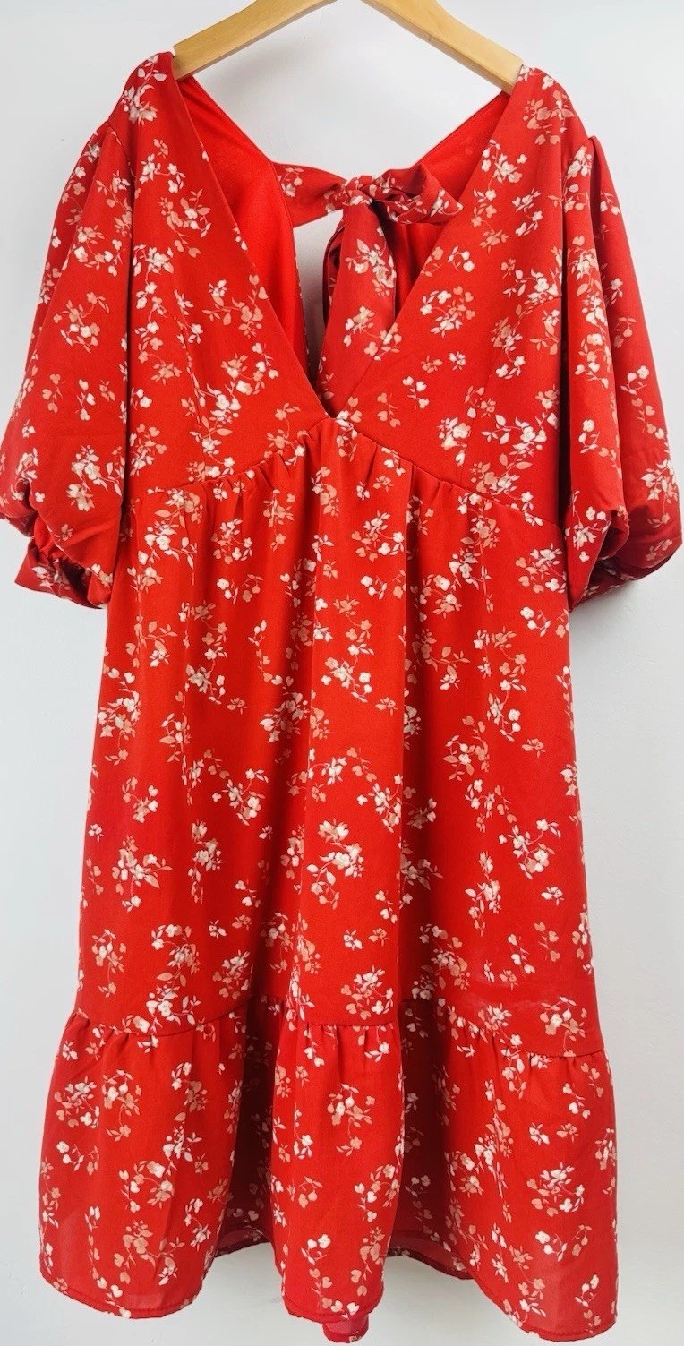 Böhme Women’s Floral Mini Dress Puff Sleeve Tie Back Red Size M