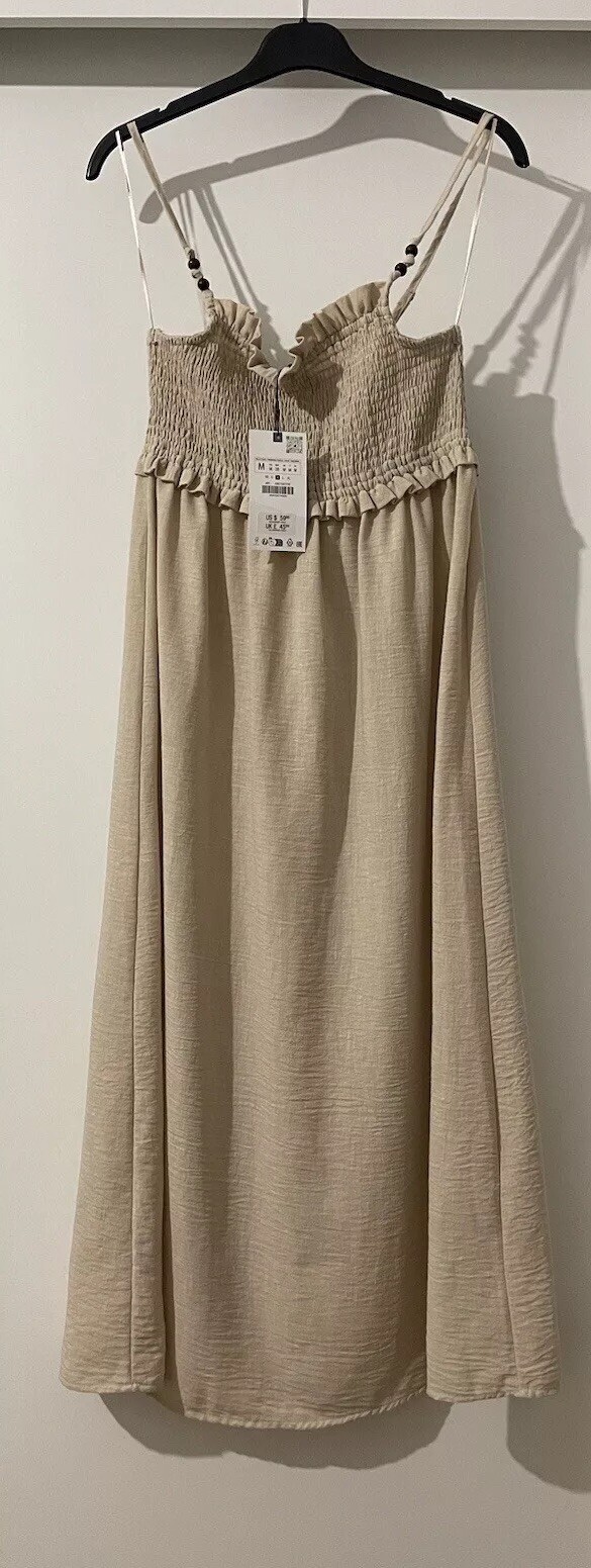 ZARA LIGHT CAMEL SMOCKED TOP THIN STRAPS MIDI DRESS SIZE M BNWT