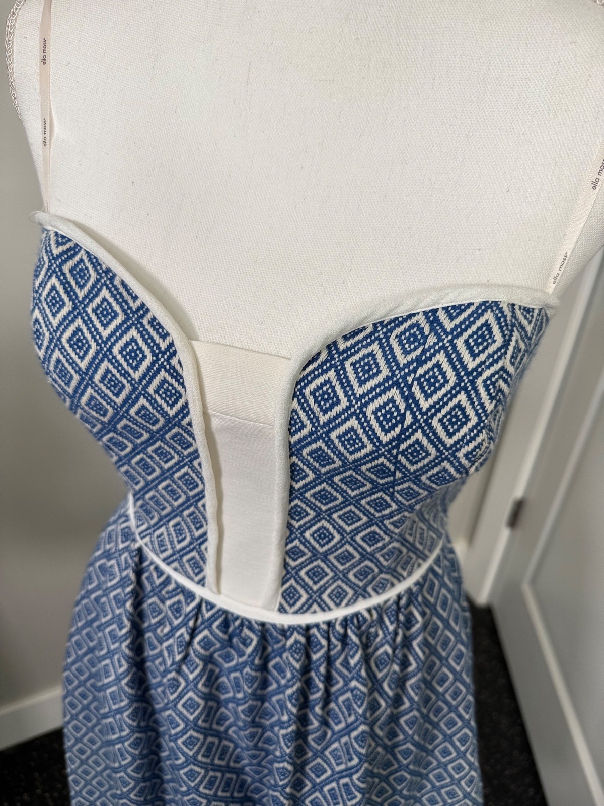 Ella Moss Blue White Diamond Print Strapless Dress S Fit & Flare Cotton Blend