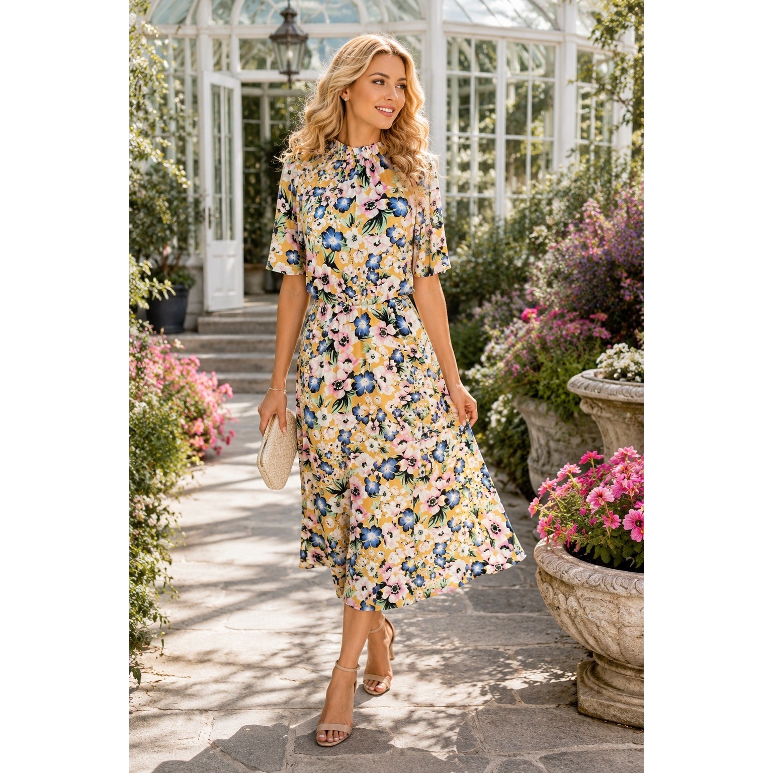 Maggy London Yellow Floral Mock Neck Midi Dress Blue Pink NWT Womens Size 2