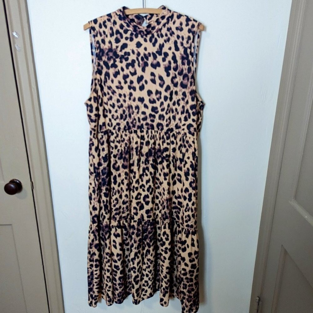 Boohoo Leopard Print Tiered Midi Mock Neck Dress High Neck Sleeveless Size 14