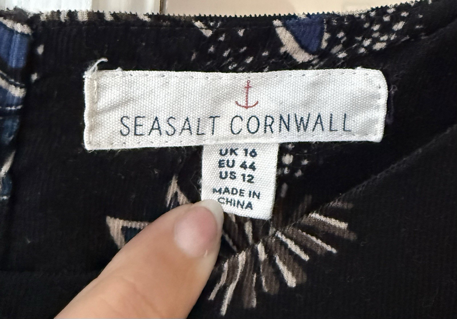 Seasalt Cornwall High Key Dress Needle Cord Tunic Black Blue Floral Size 16-18