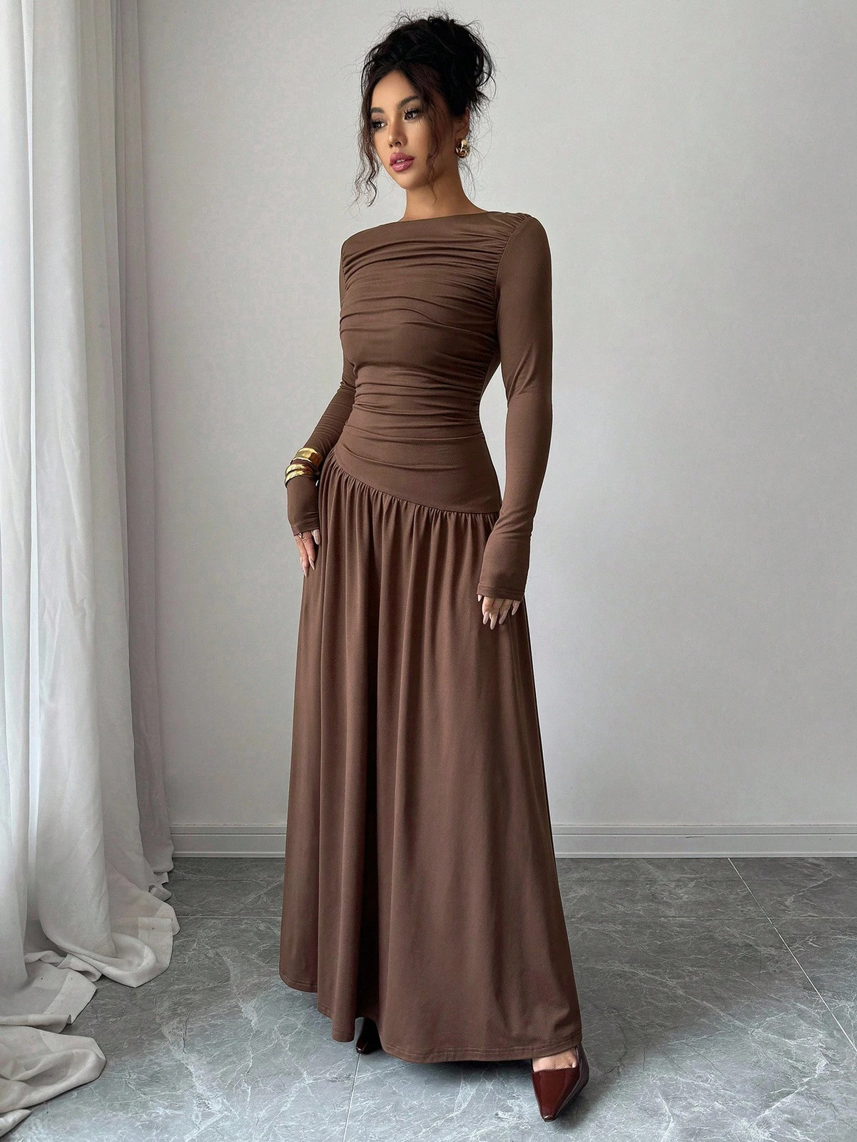 Elegant Women’s Long A Line Off Shoulder Neckline Dress