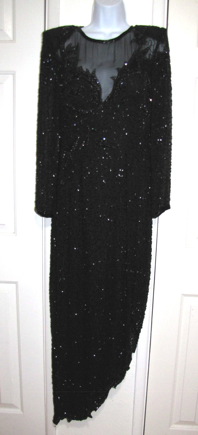 Vtg AJ. BARI Beaded & Sequin Silk Black Formal Maxi Gown Diagonal-hem Wm. 10