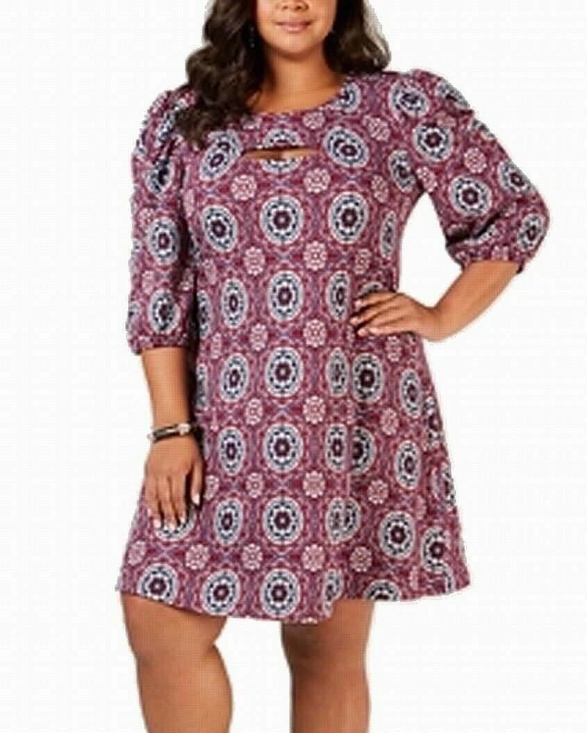NY Collection Womens Plus Petite 3XP Wine Floral 3/4 Puff Sleeve Dress NWT AM31