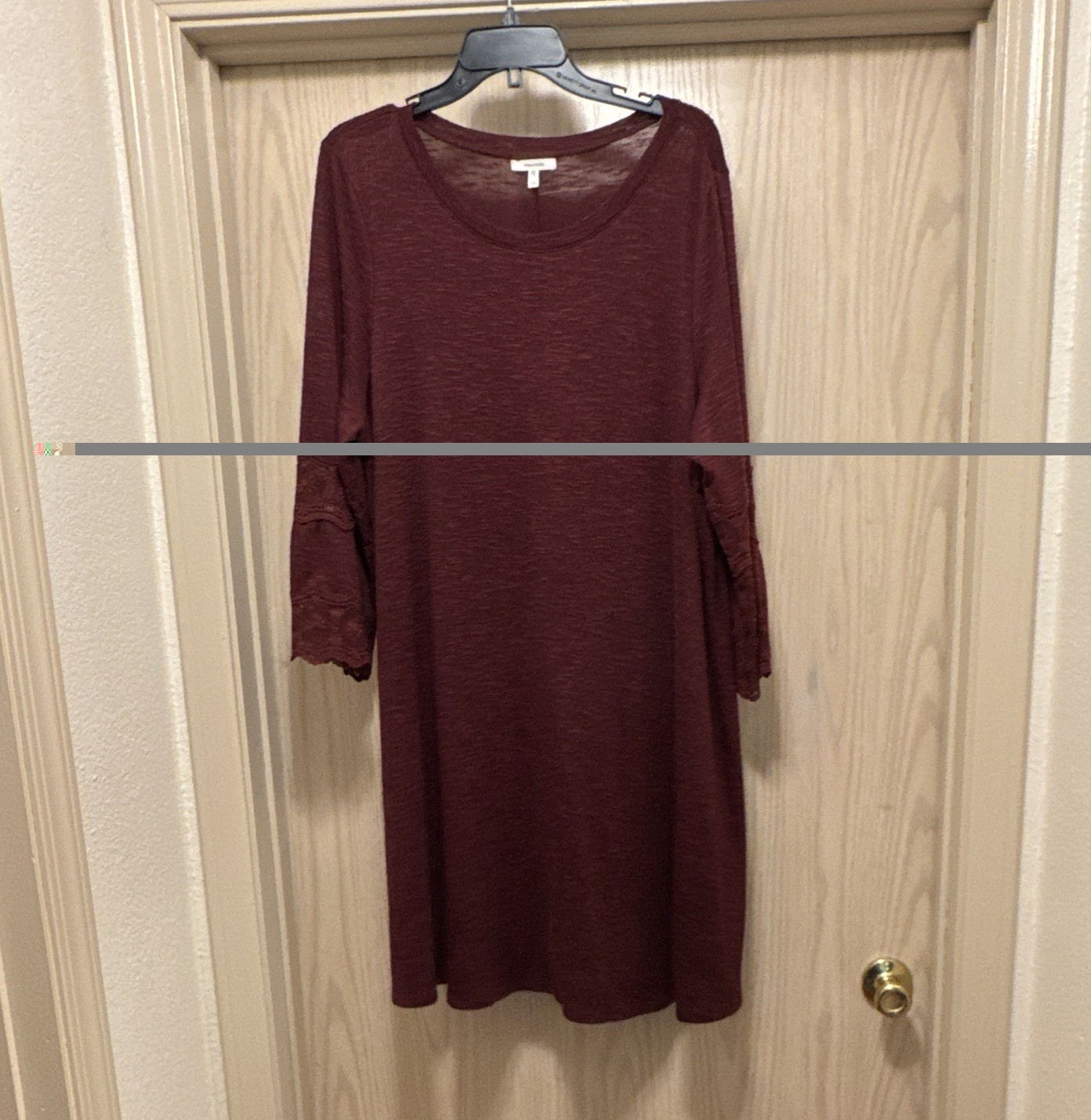 Women’s Burgundy Solid A-Line Knit Dress Scoop Neck 3/4 Sleeve Knee L