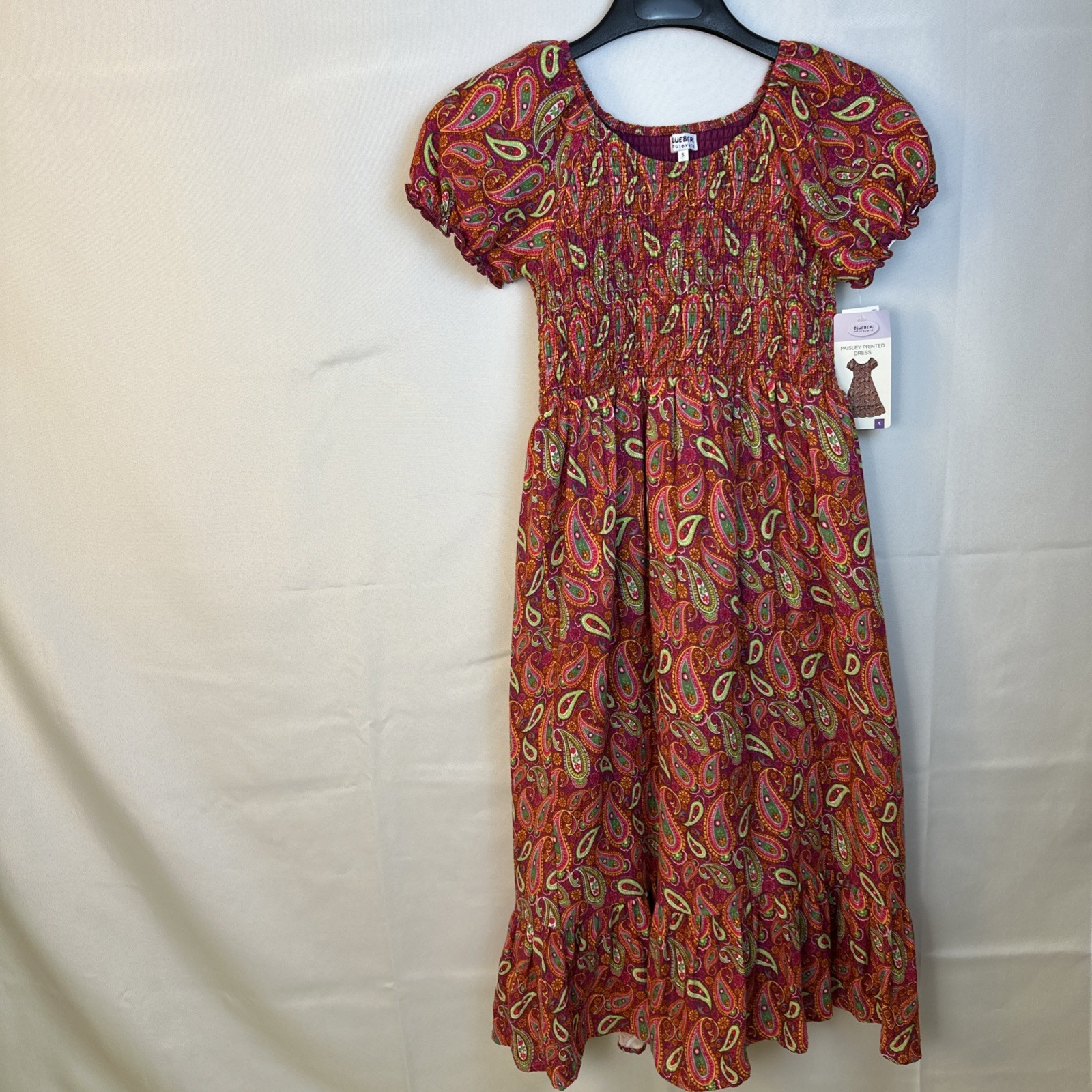 Blueberi Boulevard Women’s Sz S Paisley PuffSleeves Smocked MidiDress CottonNWT
