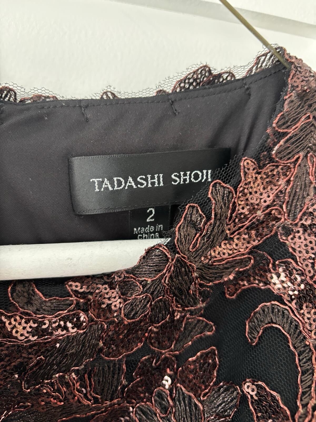 Tadashi Shoji Black Long Sleeve Embroidered Pinkish Sequin Gown Size 2 New