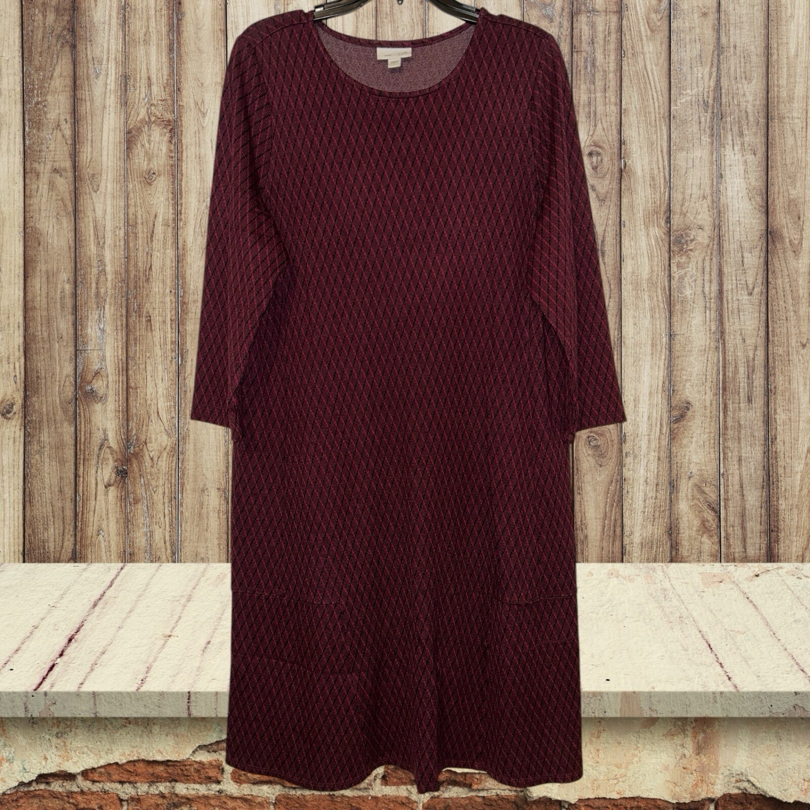 J. Jill Burgundy Black 3/4 Sleeve Semi Formal Knit Midi Dress Large Soft Cozy