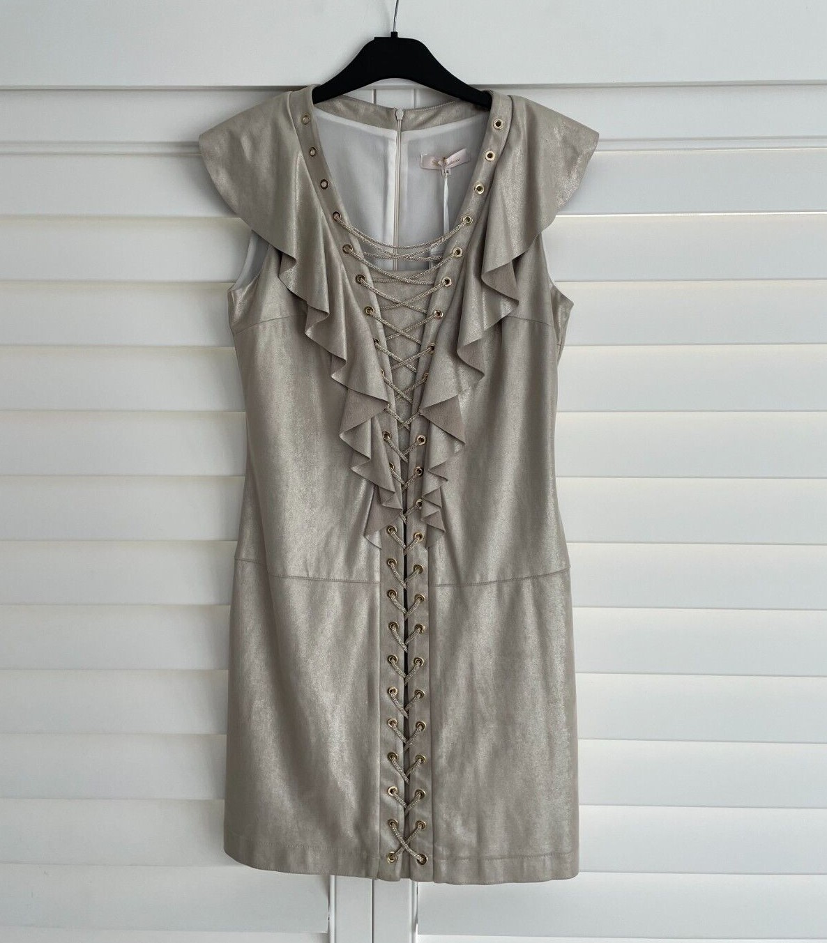 Gold Shine Cocktail Evening sexy Lace up Bodycon Wiggle Pencil Mini Dress M 10