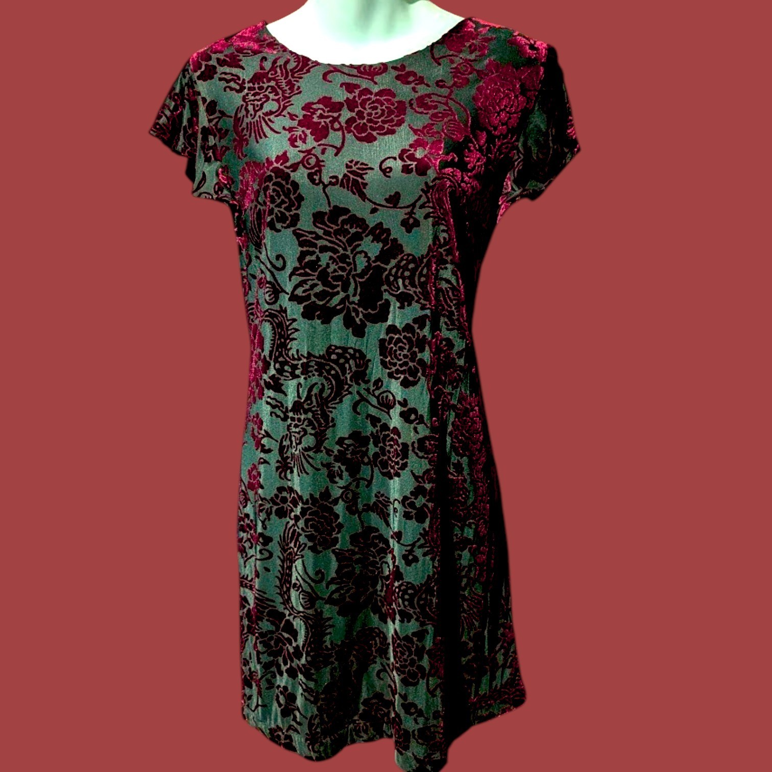 Y2K Style Dragon Dress flowers serpents burnout devore velvet black red sz L 2F
