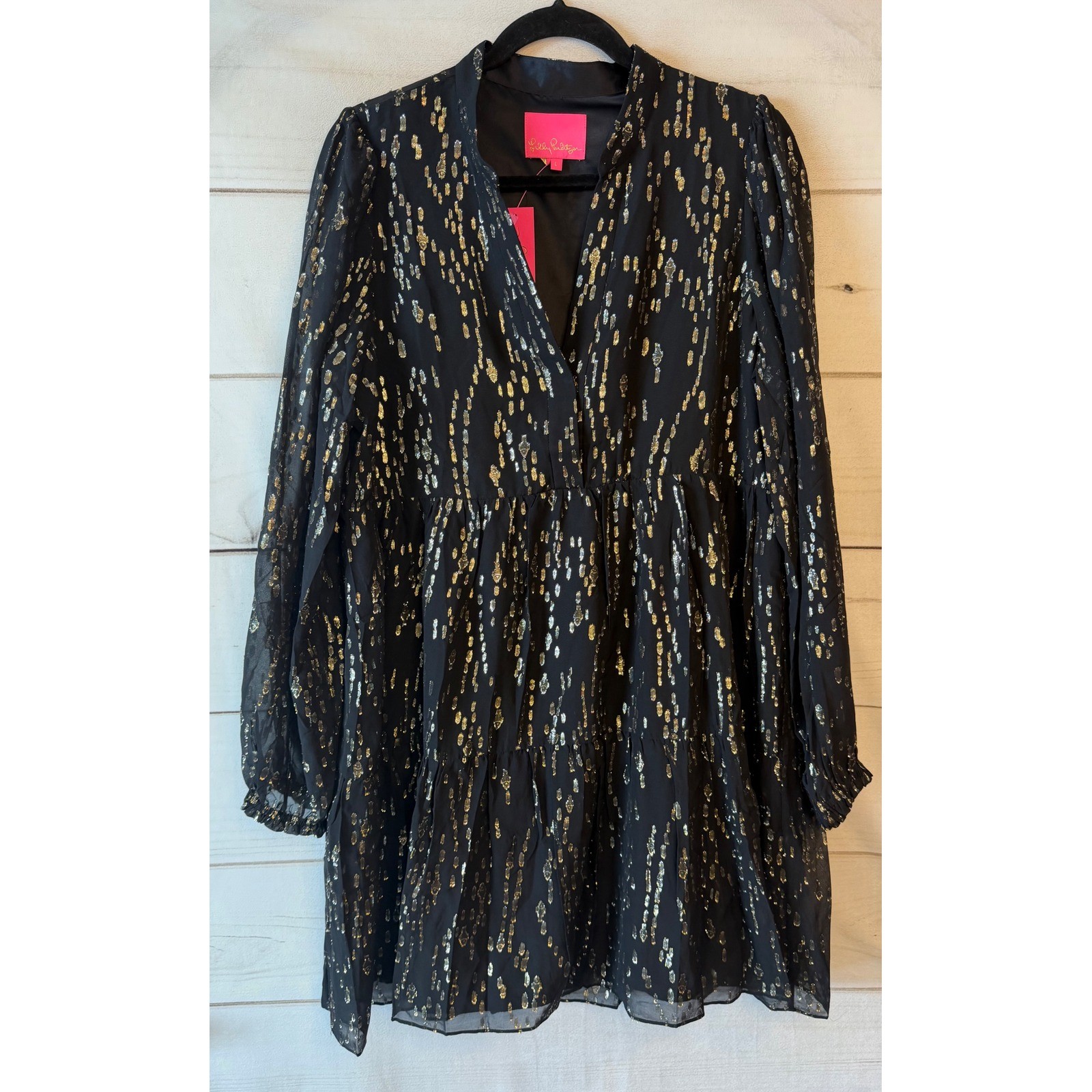 Lilly Pulitzer Winona Silk Dress Onyx Gold Metallic Fish Clip 011299 Womens L