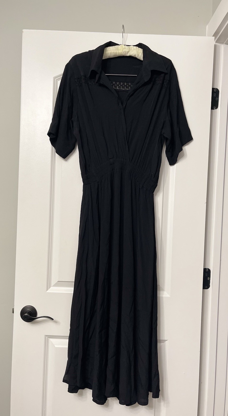 AURA Black Midi Dress Short Sleeve Collared Lace Accents Belted Career Casual M