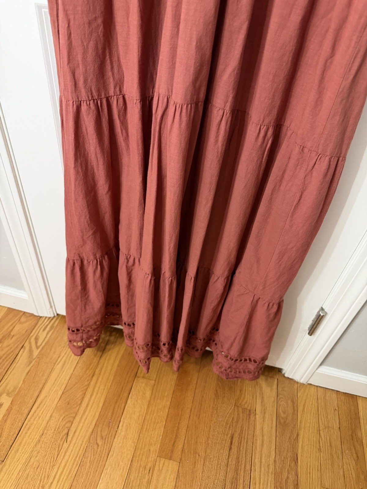 Orange Rust Boho Cottagecore Maxi Dress XXXL Embroidered Eyelet Tiered Prairie