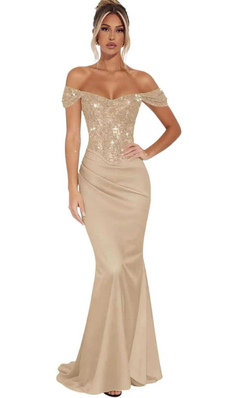 NWT Witness of Love 2-Piece Sequin Corset Satin Maxi Dress Champagne Gold Size 6