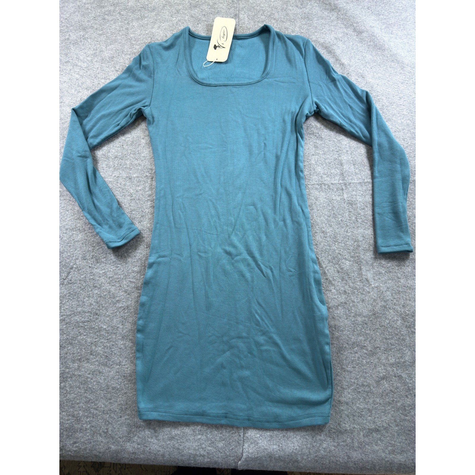 Vichyie Ribbed Bodycon Mini Dress Size S Teal Blue Long Sleeve Square Neck