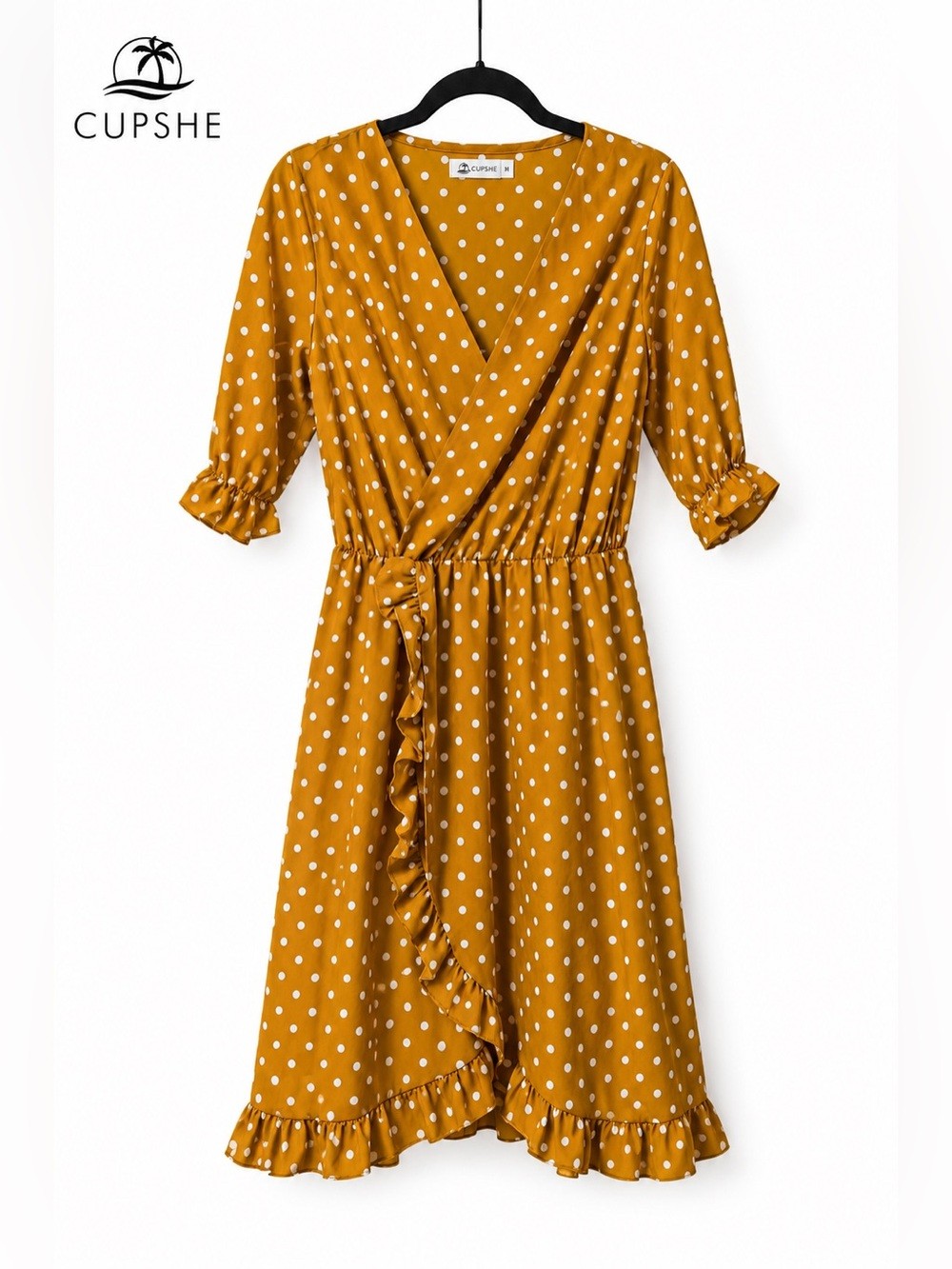 CUPSHE Mustard Yellow Polka Dot Faux Wrap Ruffle Midi Dress Size M