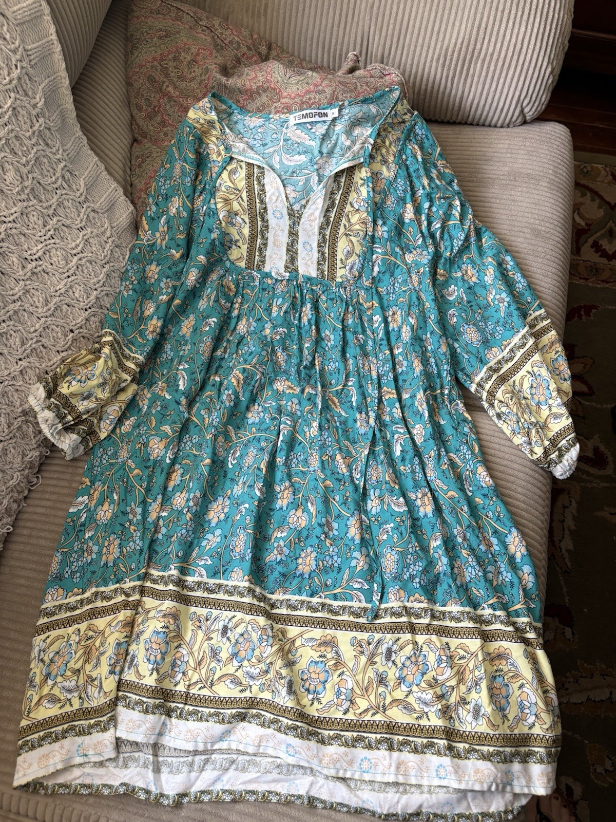 Temofon Ladies Teal Floral Boho Tunic Dress with Yellow Border – Medium