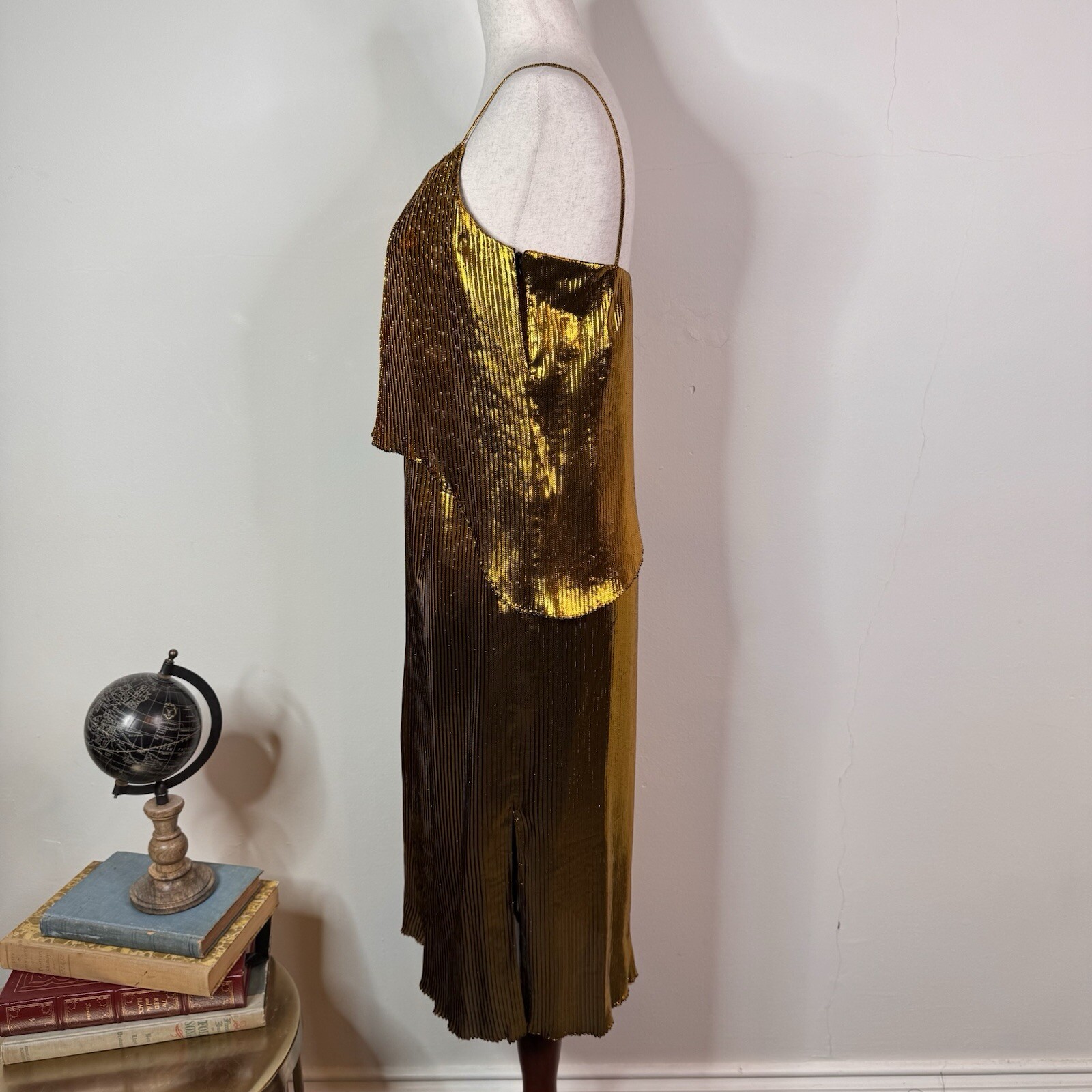 Cedric Charlier Gold Metallic Pleated Midi Dress NWT Size 40 US 6 SS 2018