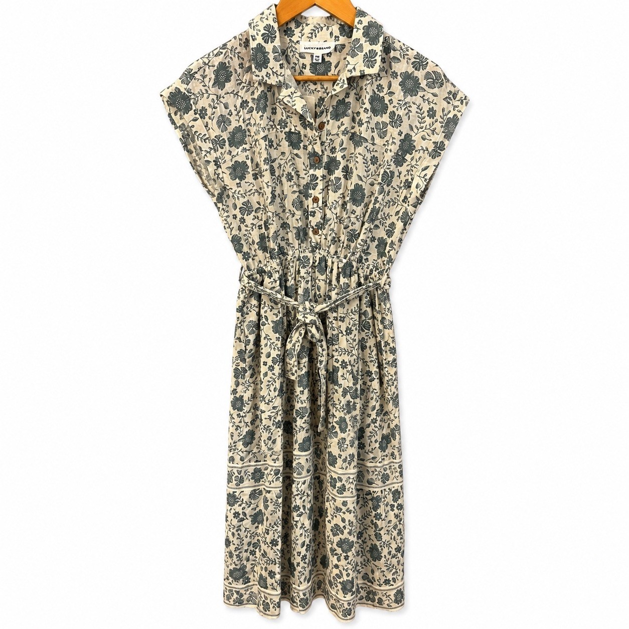 Lucky Brand Sage Floral Shirt Dress PM Petite Medium Button Front Midi NEW