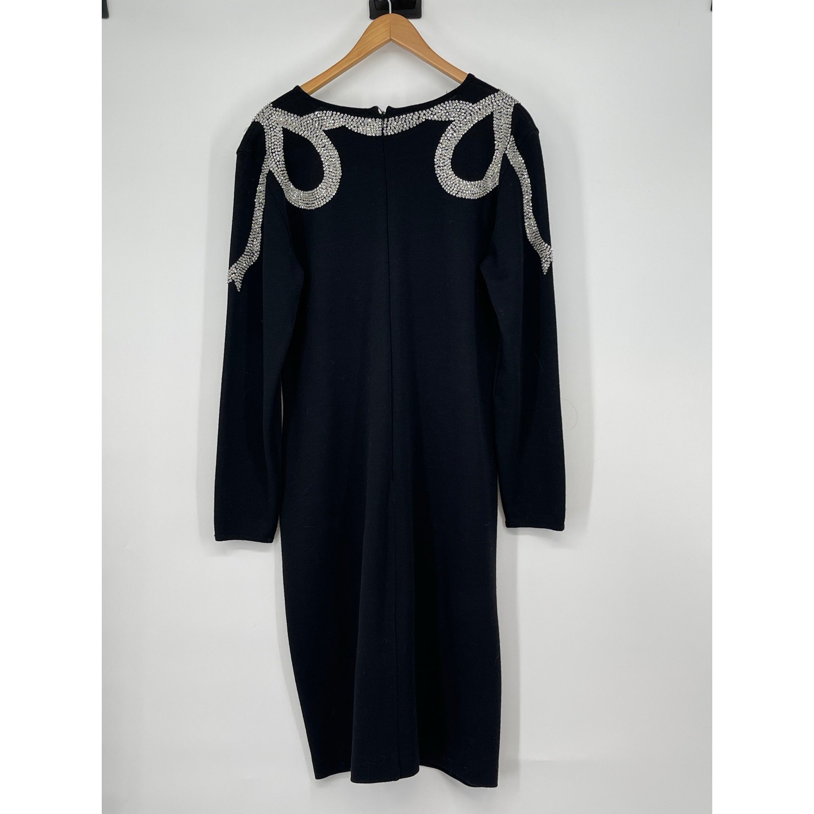 VTG Adrienne Vittadini Wool Beaded Bow Dress Black Long Sleeve 80s Sz 14 Evening