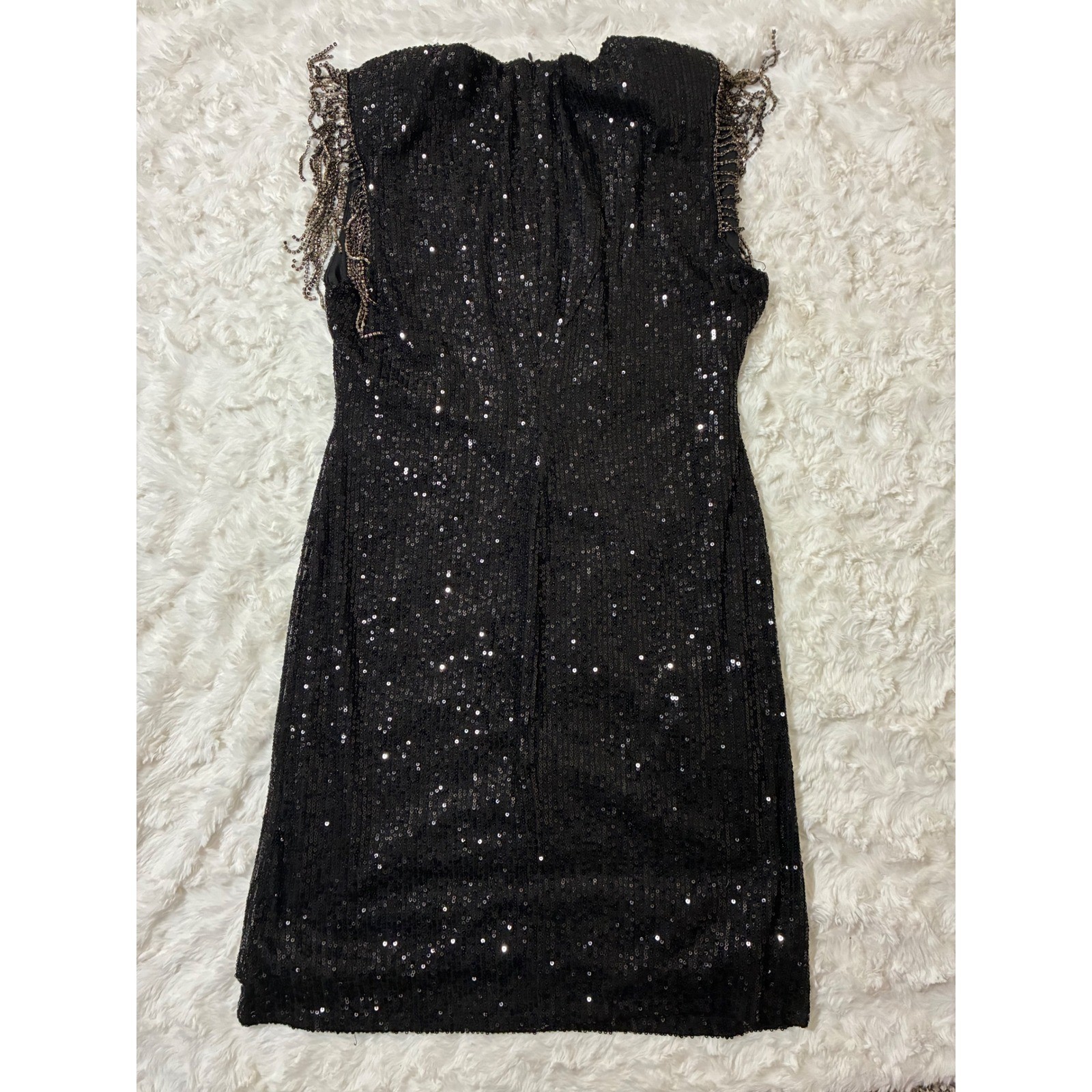 Betsey Johnson Black Sequin Mini Dress Rhinestone Fringe V-Neck JM38216X New