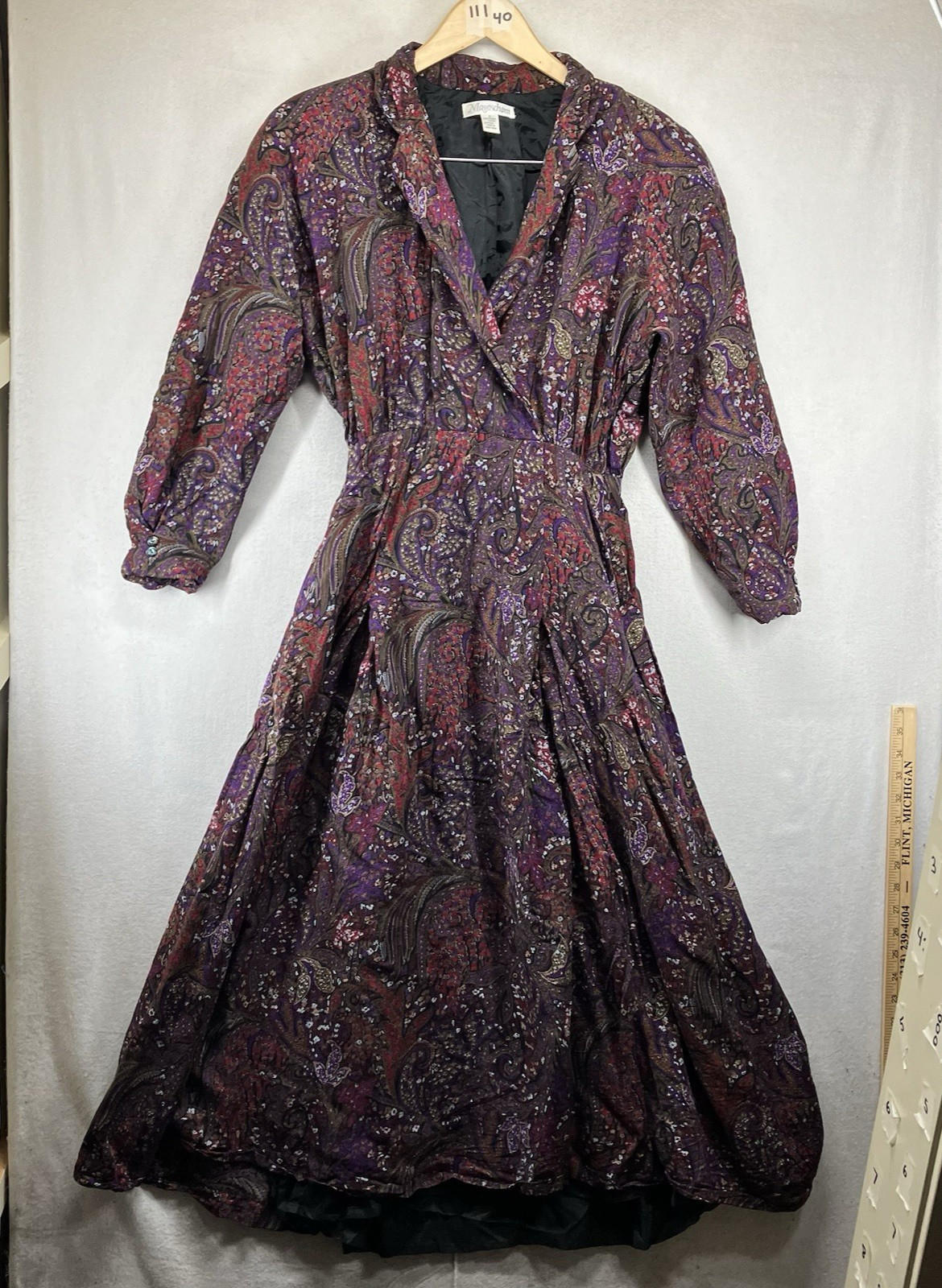 Vintage 80s 90s AOP Paisley Maxi Dress 8 Deep Dark Purple Rayon Wool Blend Goth