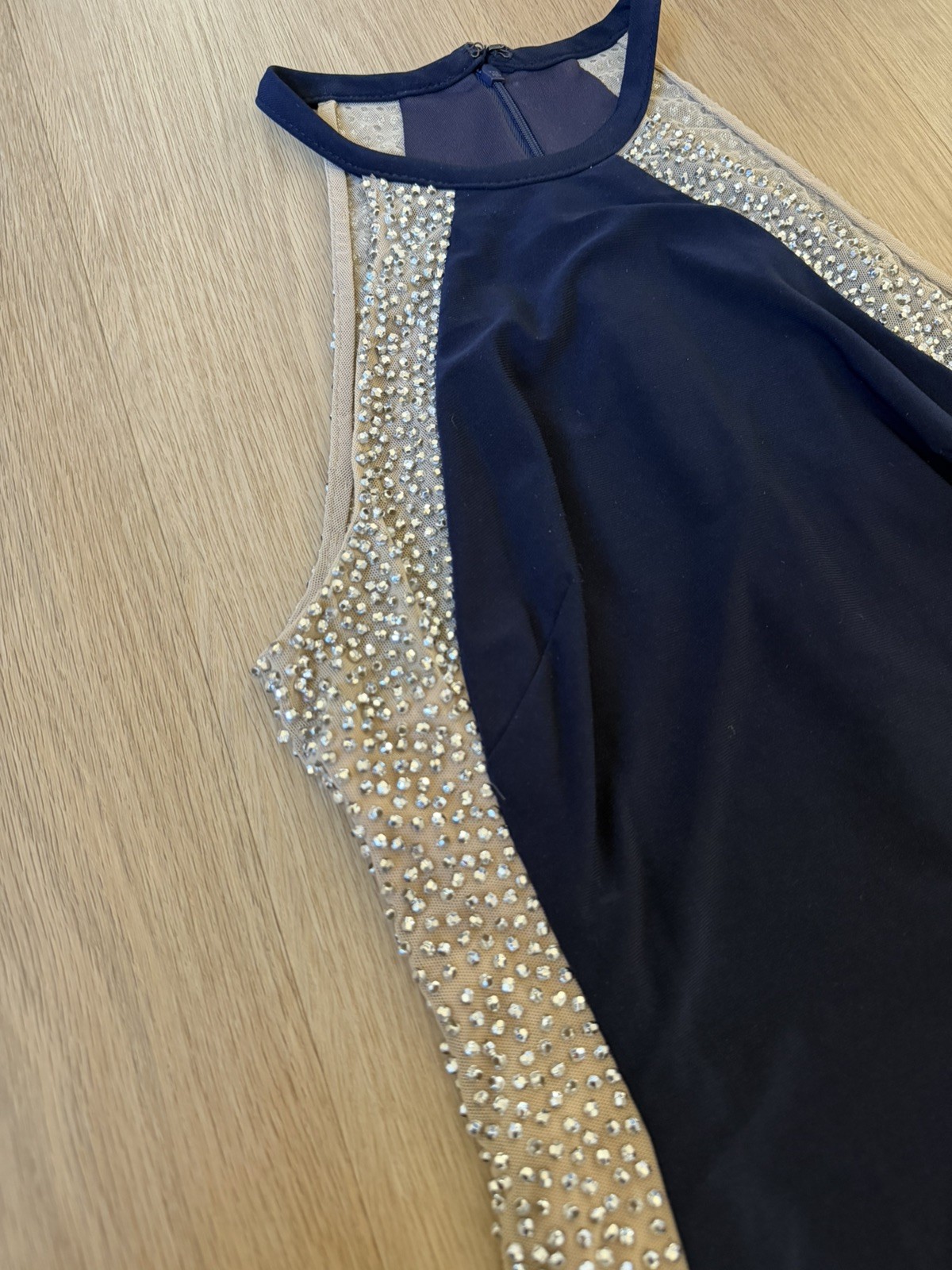 XSCAPECaviar-Beaded Illusion Gown Size 4navy Blue