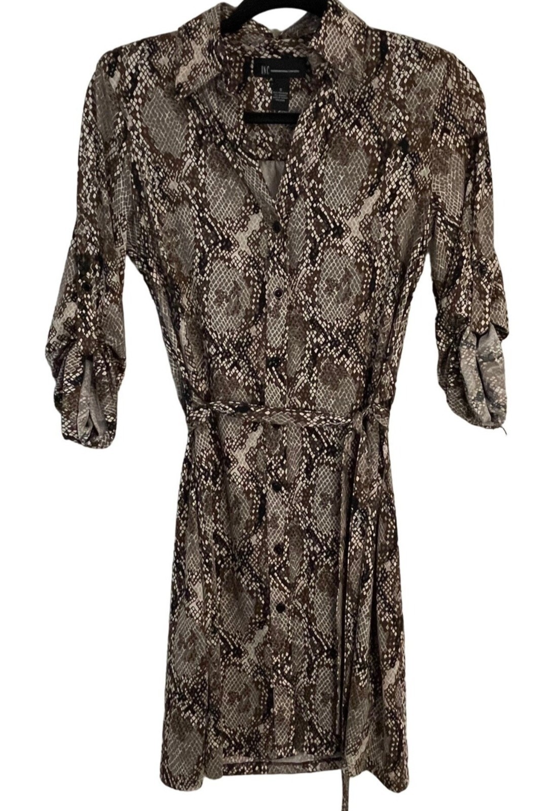 INC Snake Print Belted Shirt Dress With 3/4 Roll-Tab Sleeves