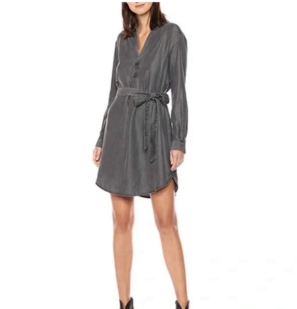 NEW Daily Ritual Shirtdress Womens Sz Medium Tencel Grey Tie Front Long Sleeve