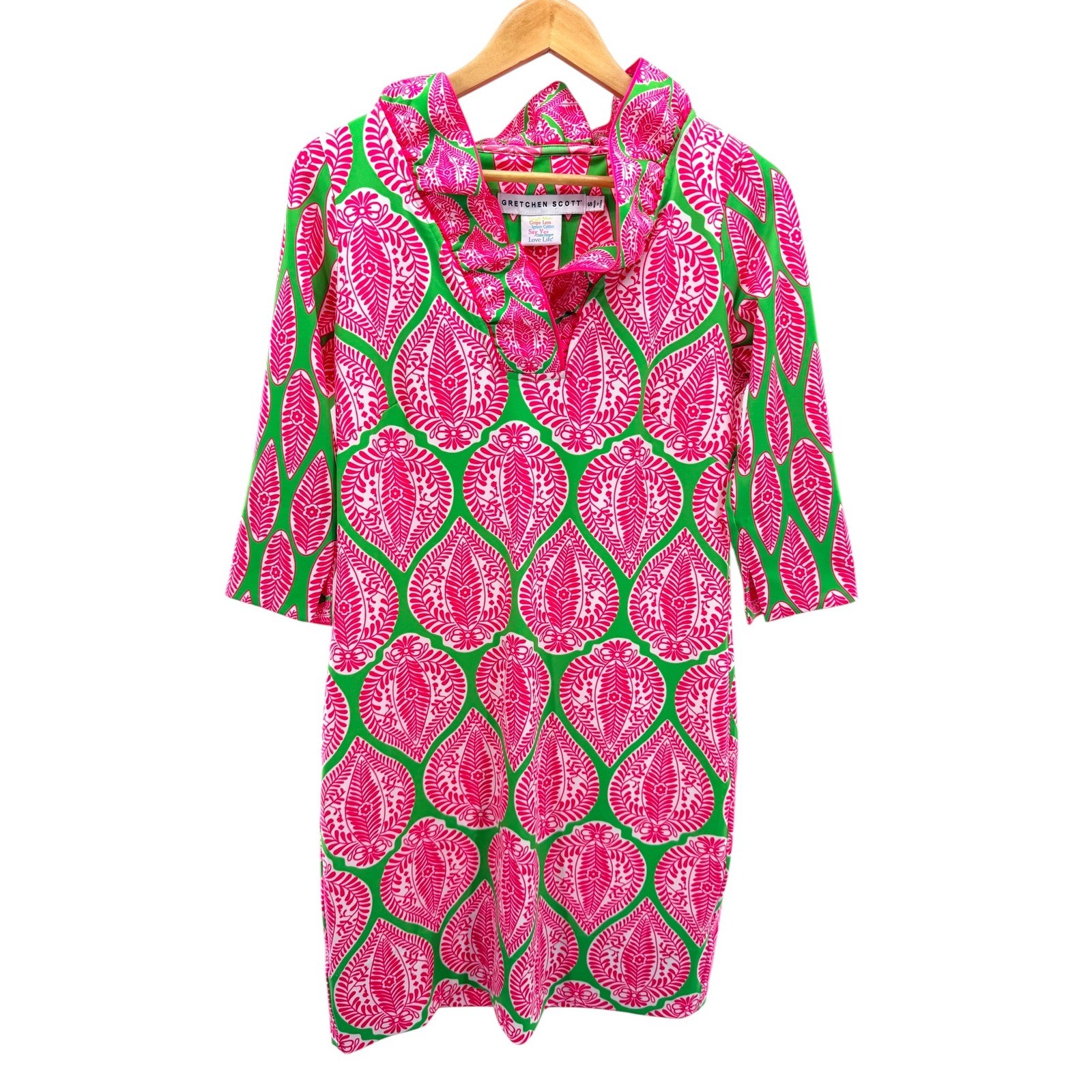 Gretchen Scott Ruffneck Sleeveless Dress Indian Summer S Green Pink Tropical