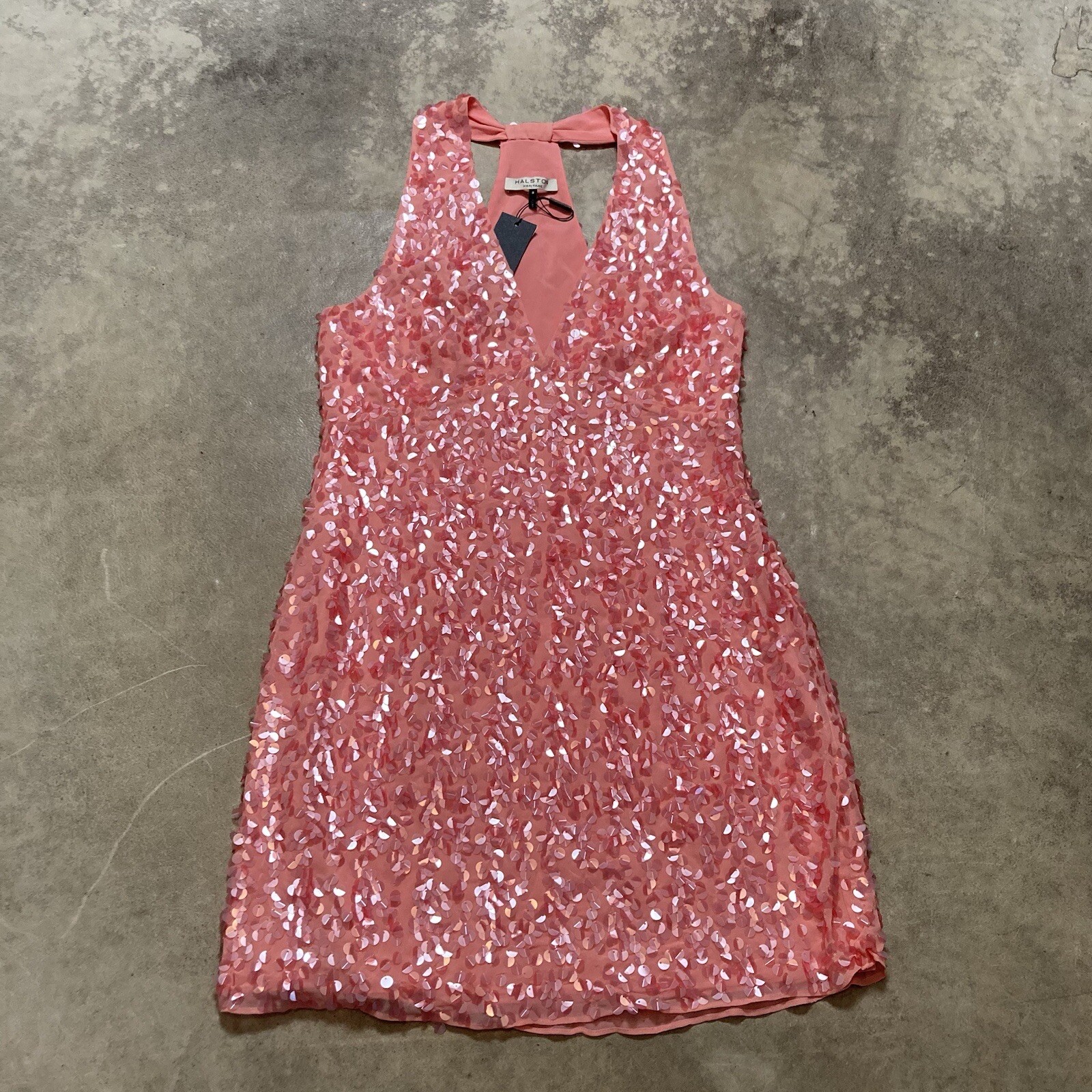 Halston Heritage Dress Womens 8 Parfait Pink Sequin T Back Shimmy Halter Party