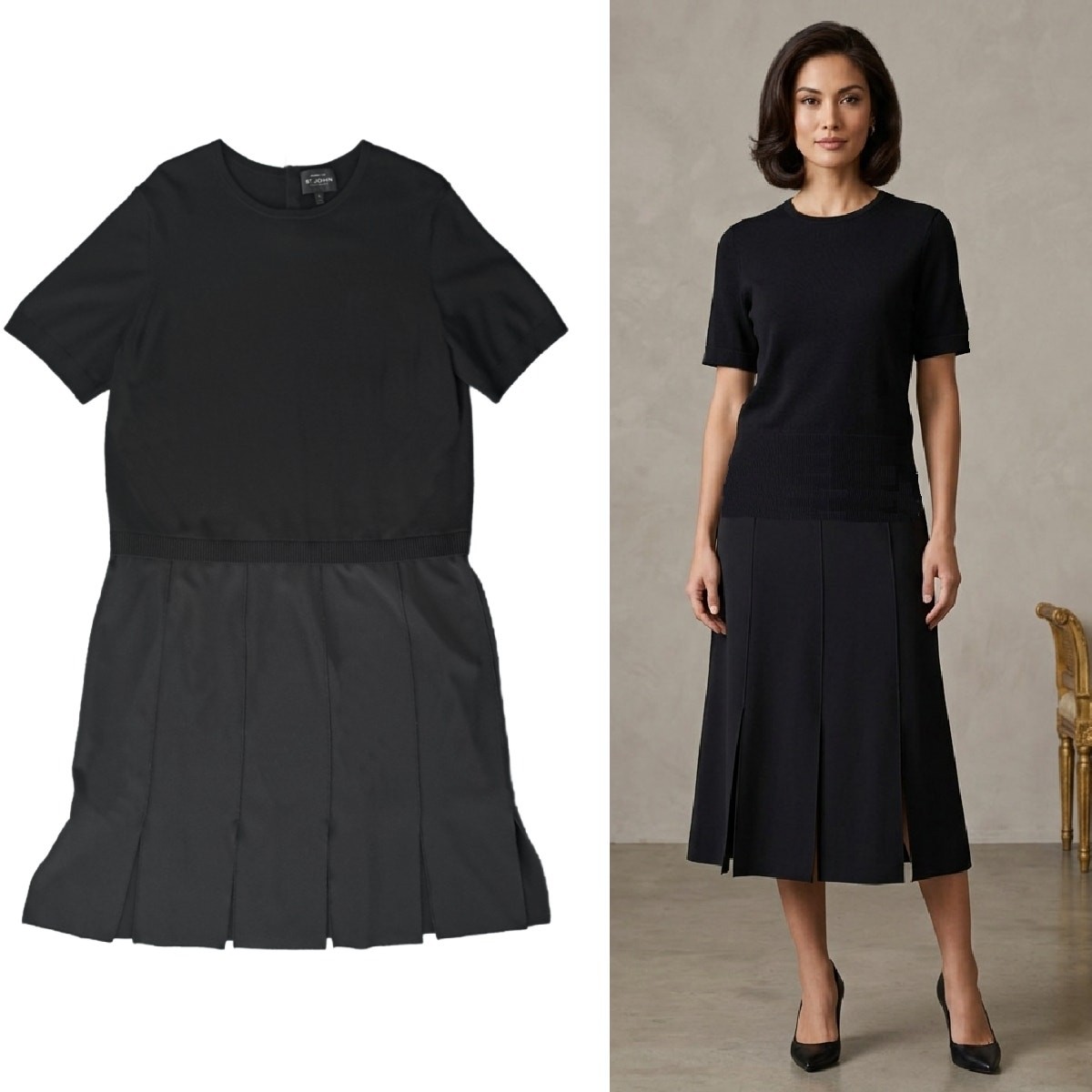 ST JOHN Boutiques Black Mixed Media Knit Midi Dress XL Short Sleeve Split Hem