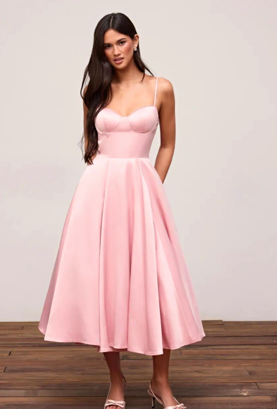 Pink Satin Sweetheart Neck Spaghetti Strap A-Line Midi Dress Womens Size M Zip