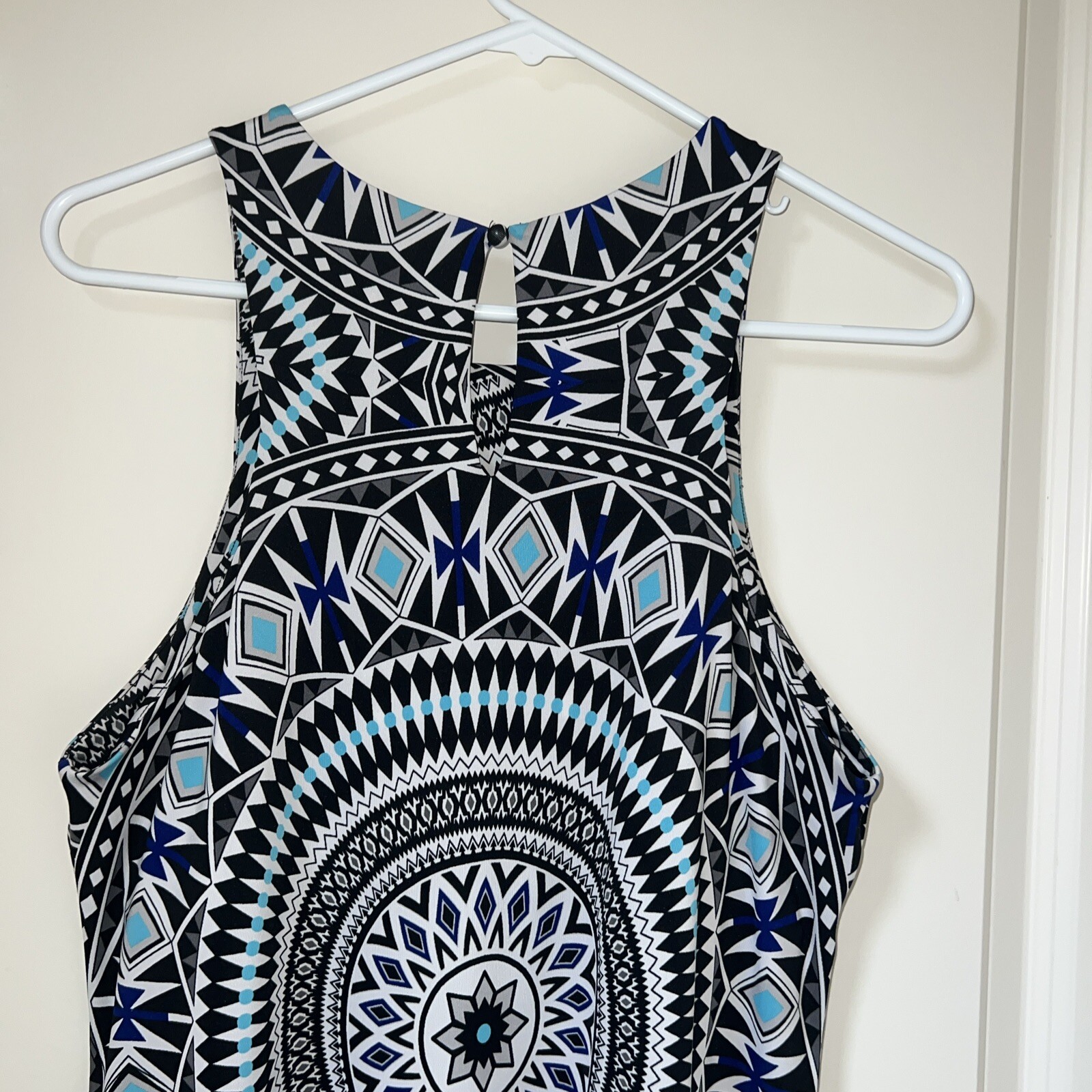 INC International Concepts Geomagnetic Sleeveless Maxi Dress Blue White Black L