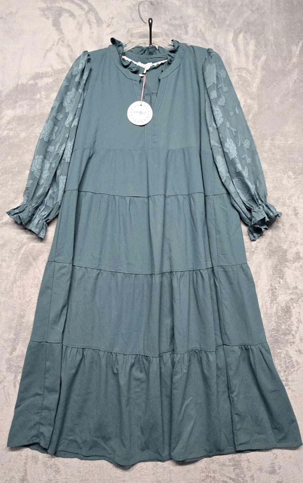 Umgee Dress Womens Size Medium Teal Green Tatum Tiered Mock Neck Midi Boho Style