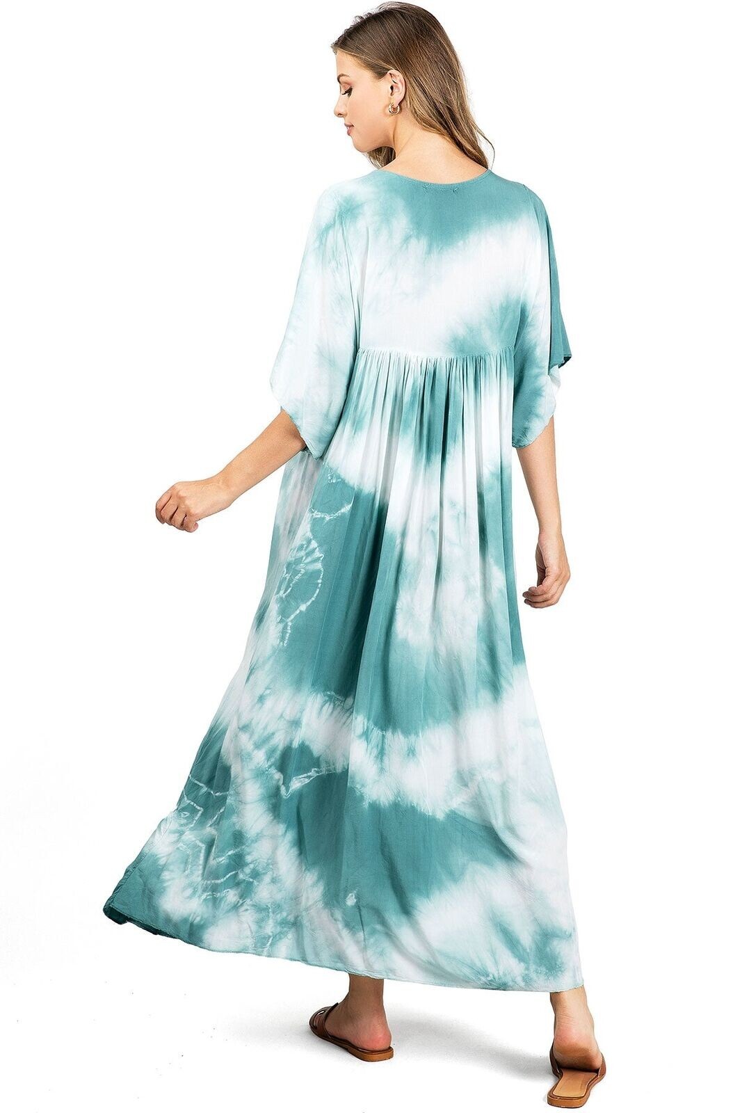 $78 Venti6 Casual Blue Tie Dye V-Neck Kaftan Dress for Beach, Travel-Size Small