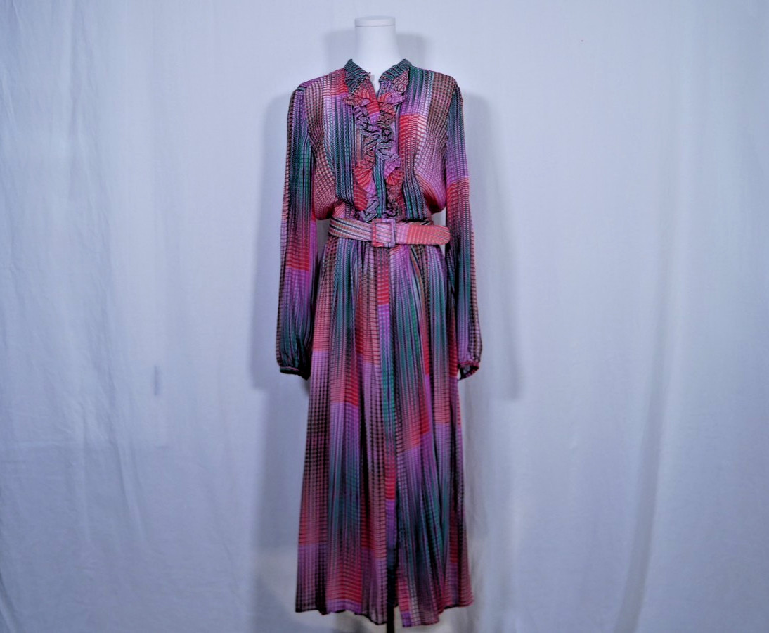 Saloni Raquel Ruffle Multi-Colored Printed Silk-Chiffon Dress Women’s Size 8