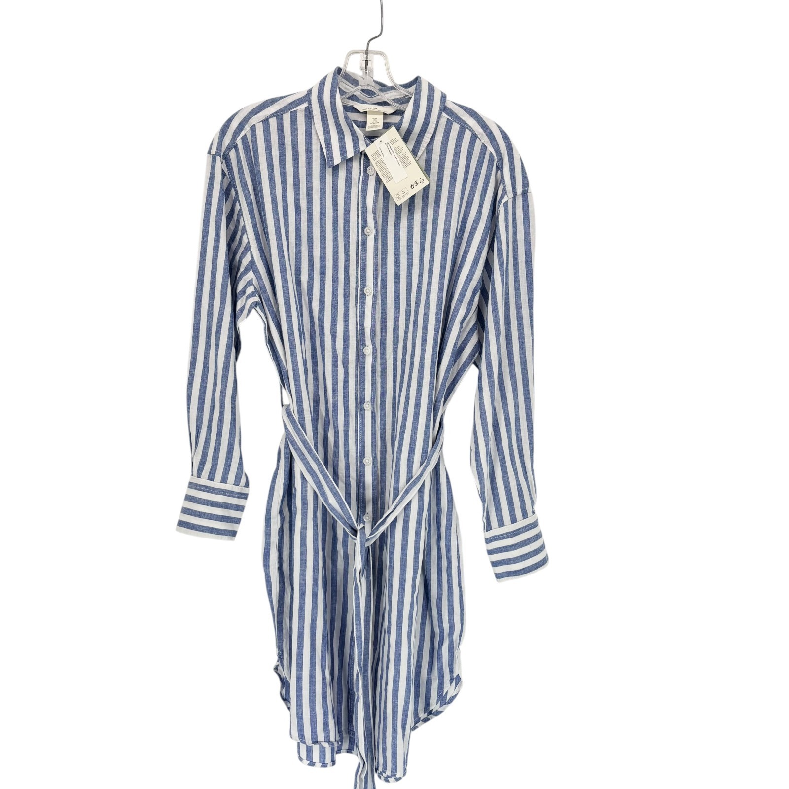 NEW H&M Shirt Dress Small Linen Cotton Blend Striped Button Front Tie Belt