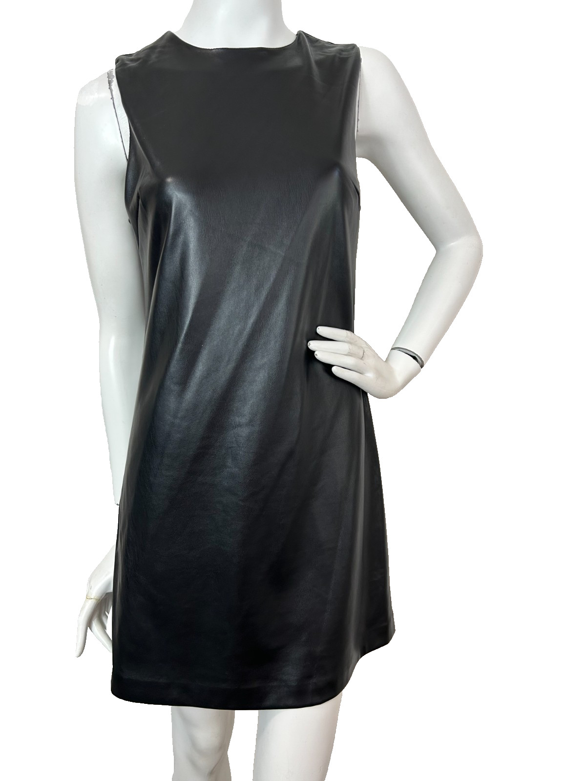House of Harlow Faux Leather Mini Dress Small Black Sleeveless Zip Lined EUC