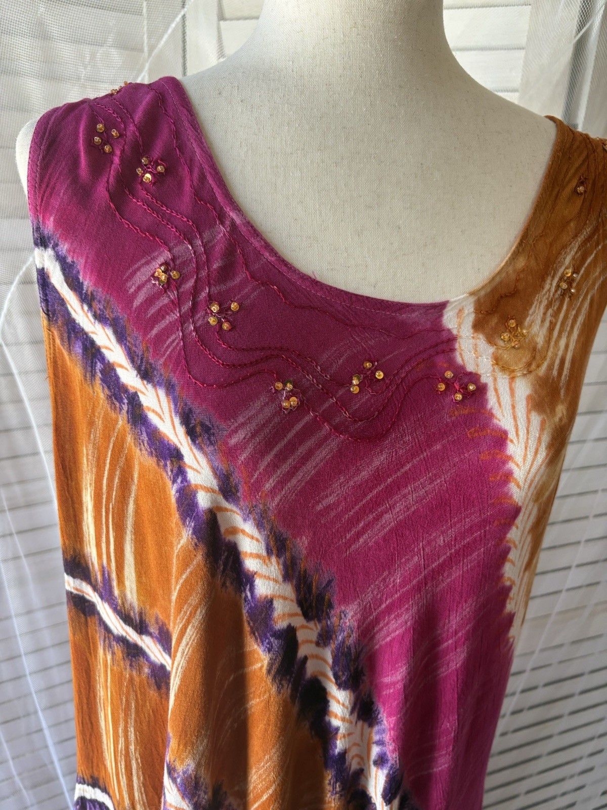 Just Creativity Tie Dye Beaded Sleeveless Kaftan Long Dress Multicolor Free Size