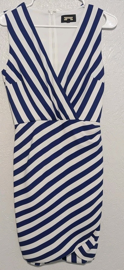 Size M Navy & White Striped Bodycon Mini Dress – Stretchy Ruched-Summer-Dress