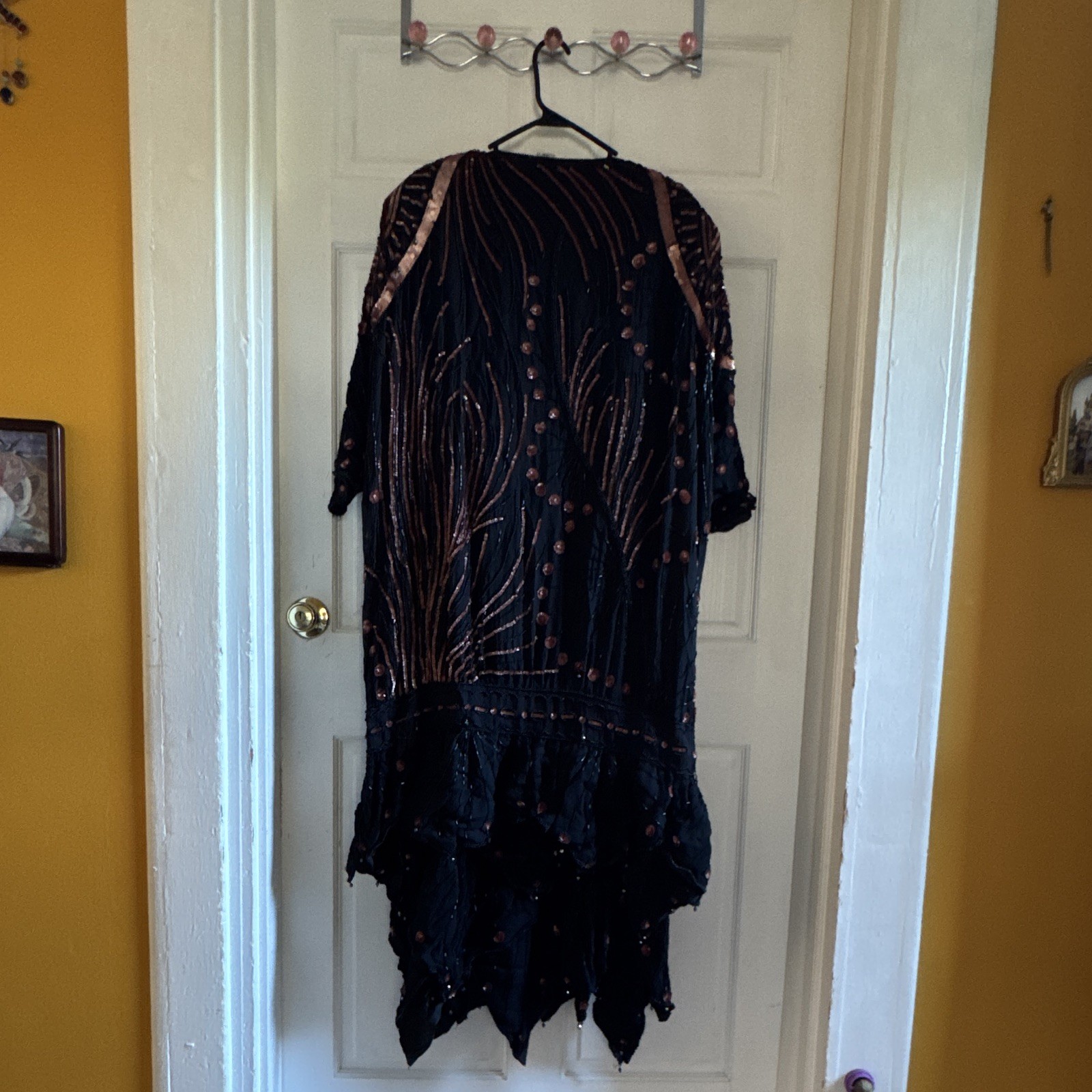 Judith Ann Plus Black Copper Beaded Sequin Silk V-Neck Shift Midi Dress 12R
