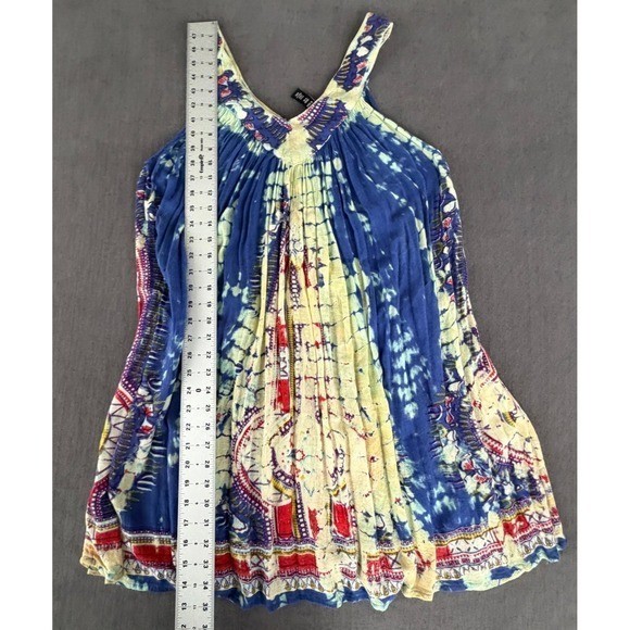 Sacred Threads Tie Dye Viscose Free Size Dress Blue Yellow Bohemian Summer Beach